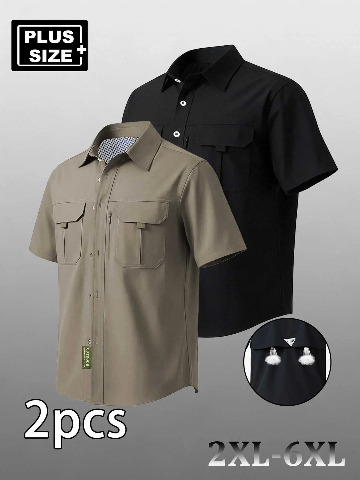 Plus Size Men's Casual Loose Summer Shirt, Short Sleeve Shirt with Multiple Pockets, Zip Details, Breathable Elastic Fabric, Casual Breathable Design, Ideal for Commute & Outdoor Activities, Top