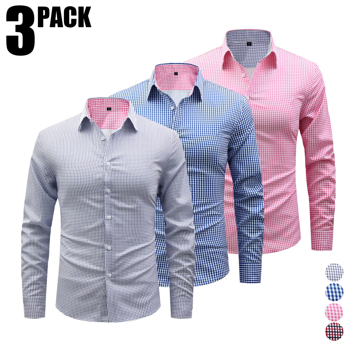 Men’s 3-Pack Plaid Long Sleeve Shirts - Buttoned Front, Small Checkered Print, Wrinkle-Free Breathable Fabric, Business Casual Commuter Tops, Blue Checkered Print Men’s Casual Shirts, Plaid with Class