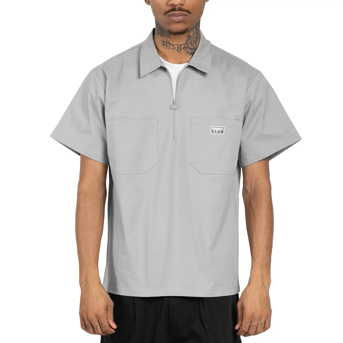 Pro Club Men's Short-Sleeve Half-Zip Classic Work Shirt - Heavyweight Cotton Spandex Stretch Twill Flex Fabric, Boxy Relaxed Fit Pullover, 2 Chest Pockets, Casual Utility Menswear Top, S-3XL, Cold Wash, Soft, All Seasons