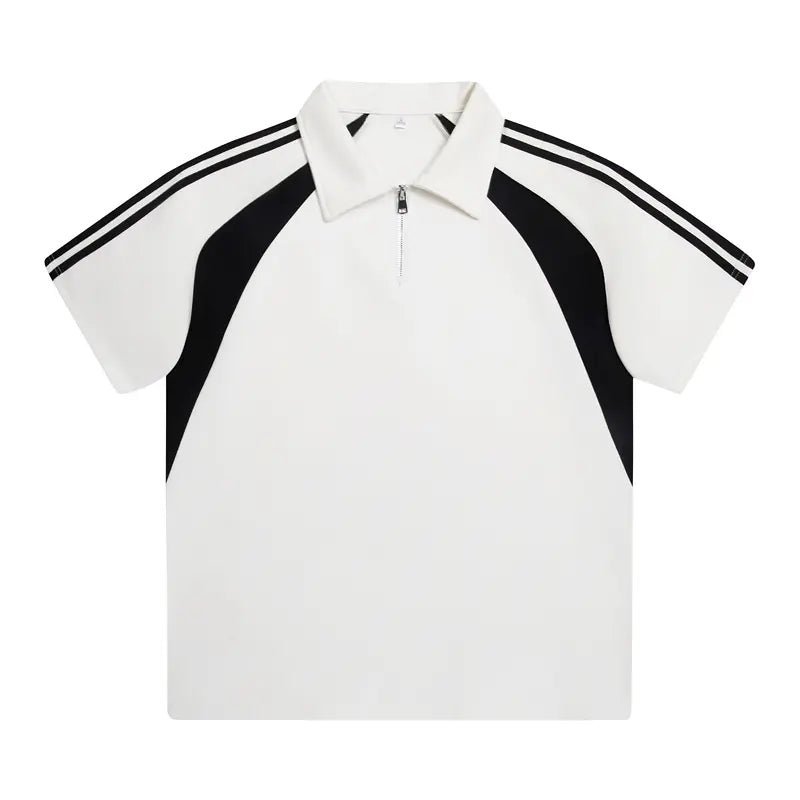 Men's Colorblock Half-Zip Polo Shirt - Short Sleeve, Striped Ribbing, Casual Loose-Fit, Breathable Soft Poly-Cotton Elastane Boyfriend-Style Athletic Menswear Top