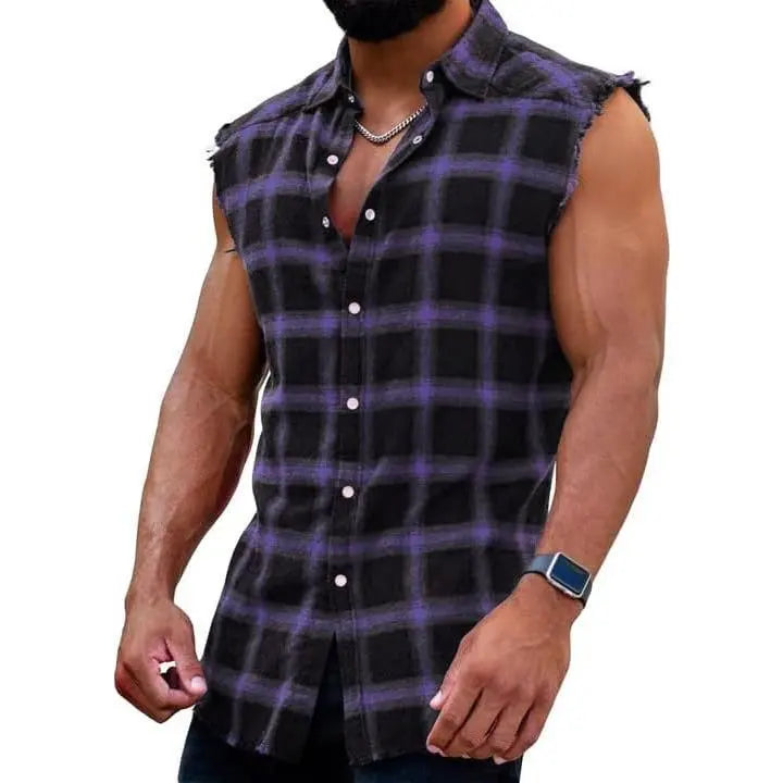 PASLTER Men's Cooler Sleeveless Checked Plaid Front Style Cotton Casual Fashion Shirt, Button-Down Cowboy Vest Top, Men's Clothing B1Y009,clothes for back to school,first day of school outfits