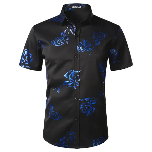 ZEROYAA Mens Hipster Gold Rose Printed Slim Fit Short Sleeve Button Down Dress Shirts Casual Summer Style Casual Fashion,back to school,back to school shopping