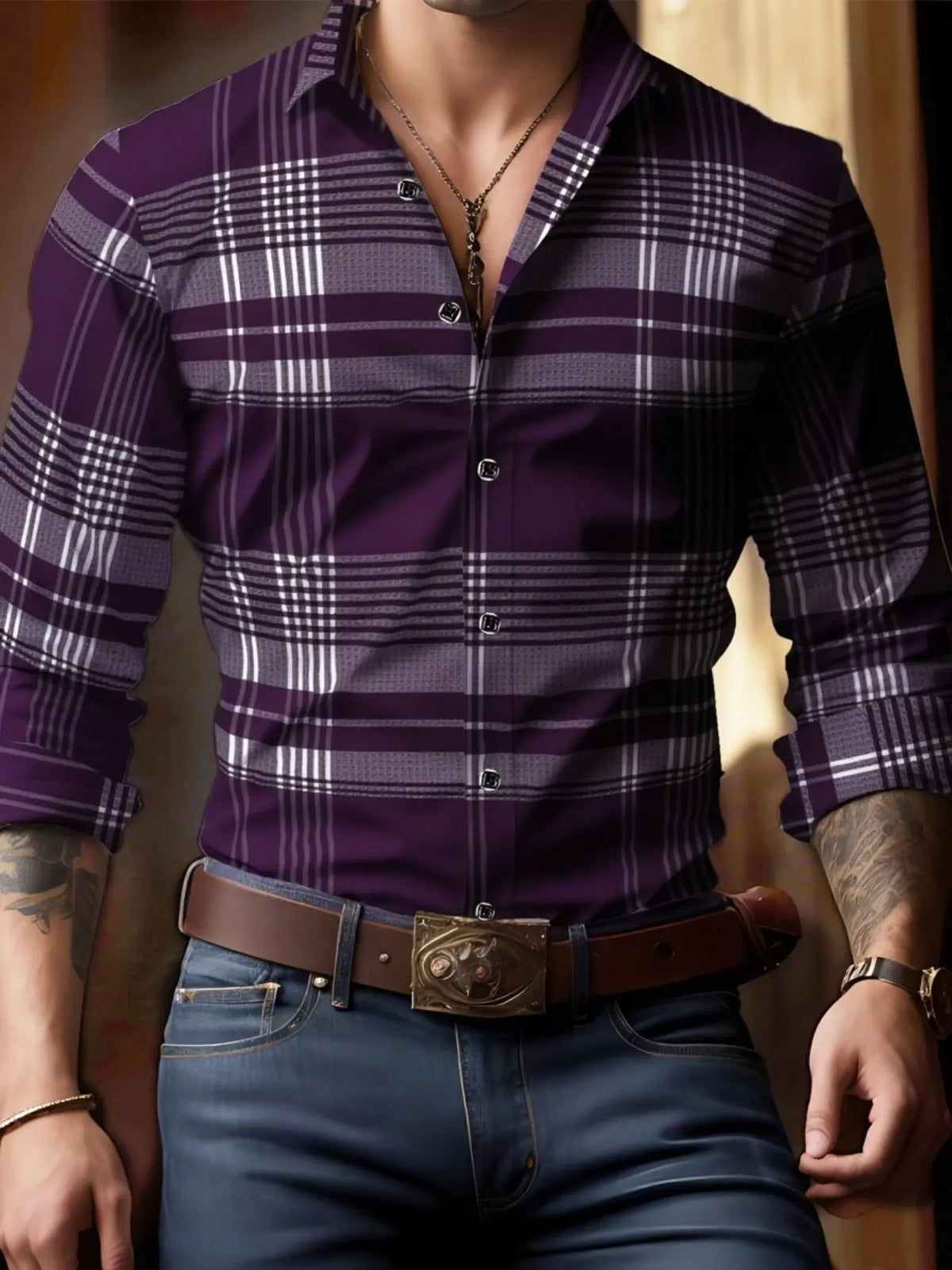 Men's Long Sleeve Casual Plaid Collared Shirt, Button Up Design, Simple Design, Ideal for Dates & Social Events, Great for Spring, Summer & Fall
