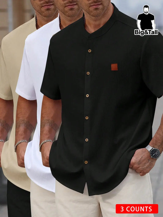3-Pack Plus Size Men's Stand Collar Short Sleeve Casual Shirts, Casual Collared Shirt, Summer Textured Button-Up Tops, Comfortable Daily Wear Vacation Shirts