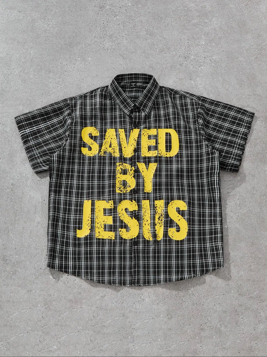 Men's Plaid Print & Letter Print Short Sleeve Shirt, Regular Fit Casual Comfy Top for Daily Wear, Men's Casual Comfy Collared Clothes for All Seasons, Button Front Shirts, Casual Printed, Checked Plaid Shirt