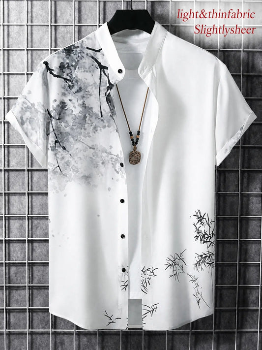 Men's Casual Floral Print Button Front Shirt, Short Sleeve Stand Collar, Spring Summer Fashion, Comfortable Daily Wear Button Up