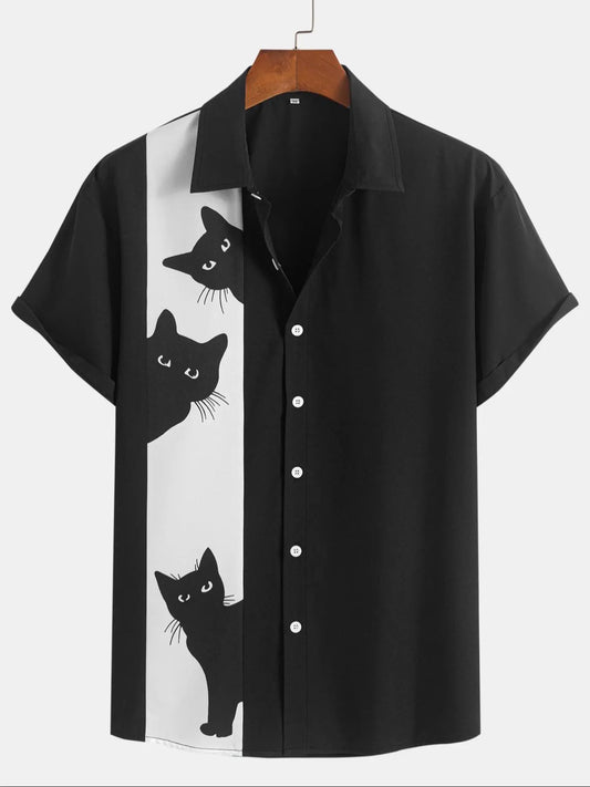 Men's Cat Print Button Front Shirt, Regular Fit Casual Short Sleeve Collared Top for Summer, Fashion Men's Top for Daily Wear, Animal Print Shirt, Casual Buttons Collared, Collared Shirts