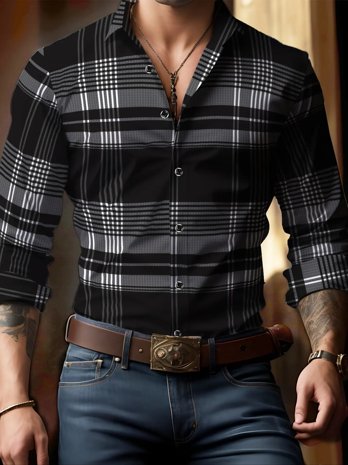 Men's Long Sleeve Casual Plaid Collared Shirt, Button Up Design, Simple Design, Ideal for Dates & Social Events, Great for Spring, Summer & Fall