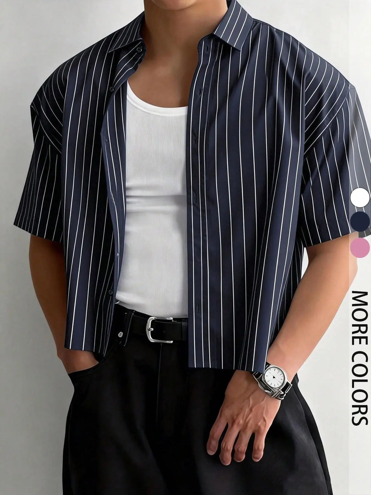 Men's Y2K pink striped short cropped short-sleeve shirt, casual loose lapel button-up top, Casual collared shirt, Classic Streetwear summer shirt, Casual Street Style, striped T-shirt for everyday wear, casual summer clothes, Menswear