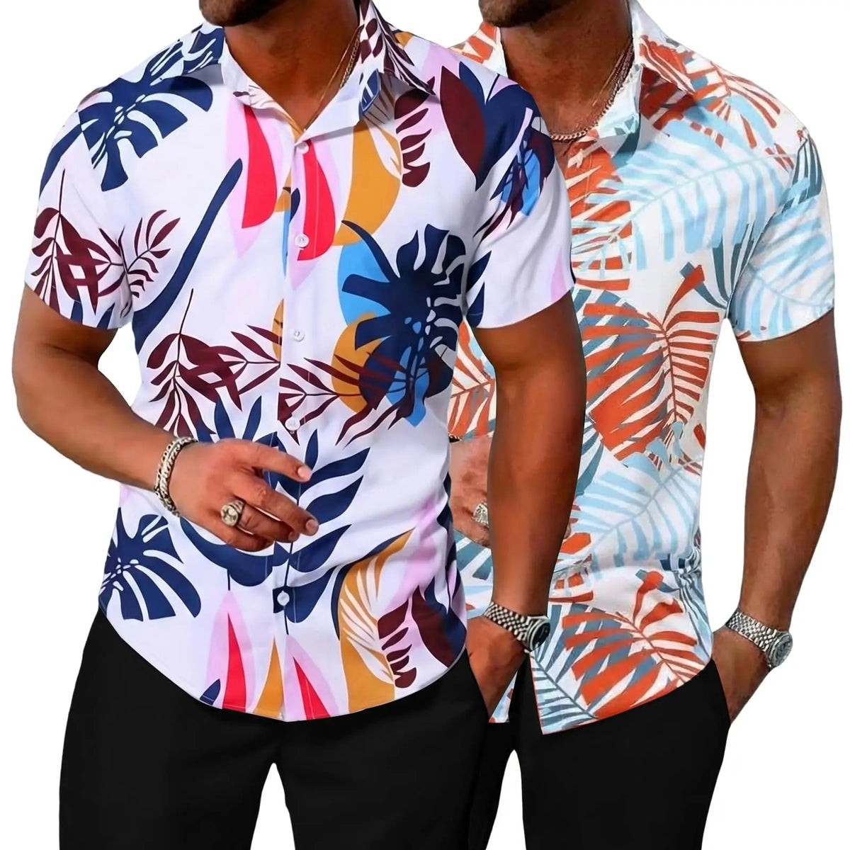 Gihuo 2 Pack Beach Shirts for Men Short Sleeve Button Down Tropical Print Summer Hawaiian Shirt Casual Menswear Top Short Sleeve Collared Wetsuit tees T-Shirt outfit Tshirt Trouser Sun Breathable