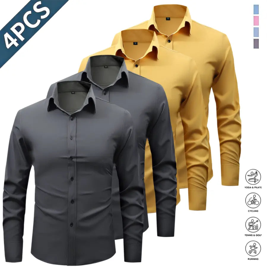 Men’s Solid-Color Long-Sleeve Shirts (4-Pack) - Fashion Apparel with Notched Lapel Collar, Comfortable Neck Button Placement, Sharp Structured Fit, Stretch Fabric, Mens Gifts for Fathers Day, 4 Shirts Refresh Your Rotation