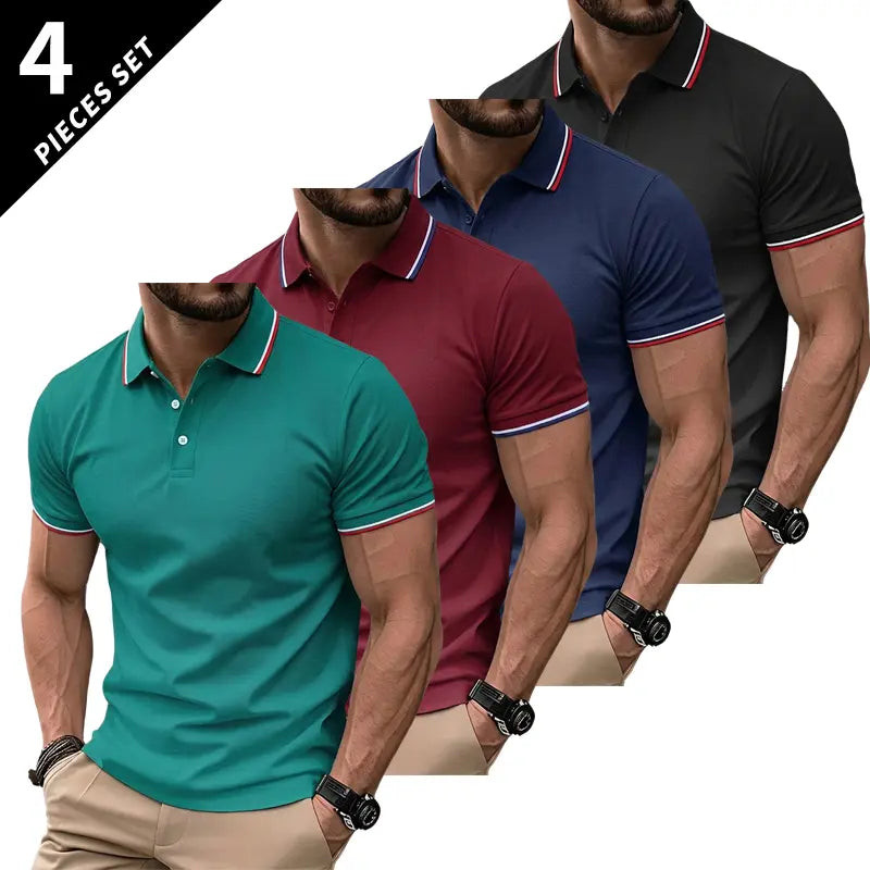 Men’s Short Sleeve T Shirt Pack of 4 – Solid Color, Turn Down Collar Design, Slim Fit, Business Casual, Comfortable Undershirt