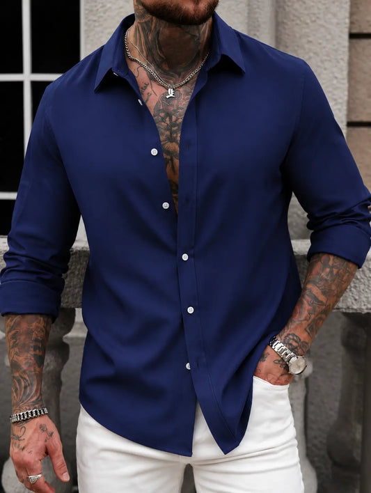 Men's Classic Plain Long-Sleeve Front Buttons Shirt - Soft Polyester-Spandex Blend, Cuffed Sleeves, Curved Design, Dark Blue, XL, Flexible for Daily Wear, Business/Casual