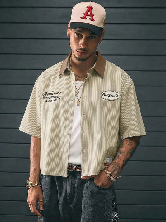 Vintage "California" Striped Shirt, Streetwear Style, Contract Collar & Short Sleeve, Retro American Fashion, Casual Baggy Top for Men, Streetwear Shirts