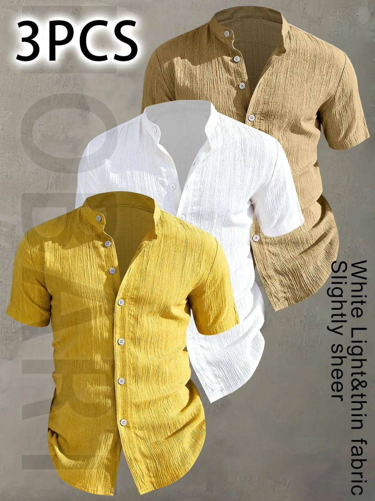 3pcs Set Men's Summer Short Sleeve - Lightweight Breathable Plain Color Button-Up Casual Shirt with Stand Collar, Low-cut collar designr Beach Vacation, Pool Party & Casual Attire, Beach Shirt, Collared Fitted Shirt, gift for husband