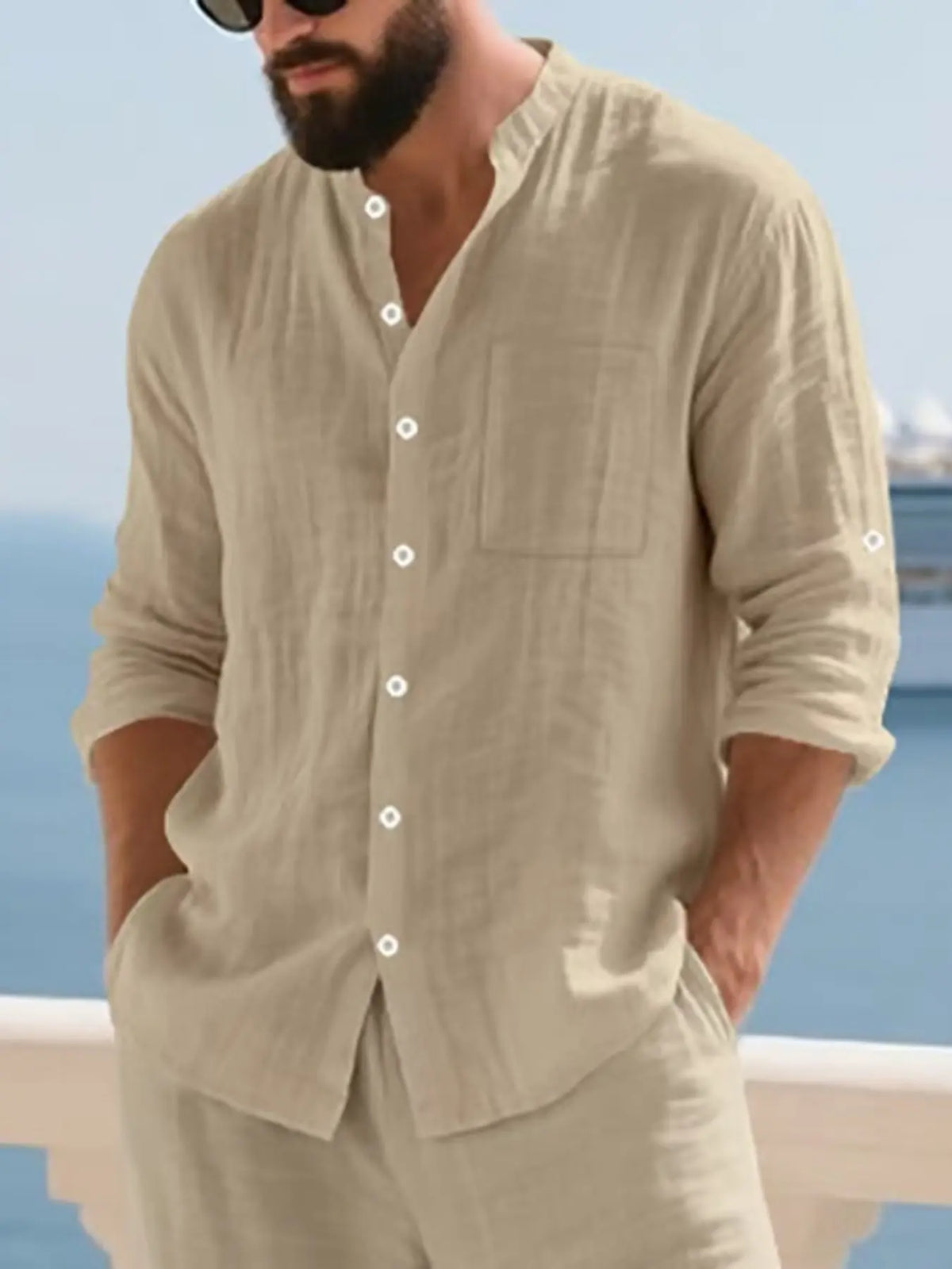 Men's Simple Button Front Long Sleeve Linen Shirt, Breathable Comfortable Fabric, Casual Style Top for Outdoor Activities & Social Events