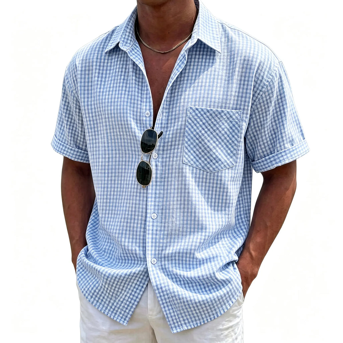 Men's Cotton Collared Neck Blue Checked Gingham Plaid Short-Sleeve Button-Down Tops - Oversized Loose Fit Menswear, Lightweight Breathable, Chest Pocket, Stylish Classical Man Style, Casual for Summer Beach Vacation