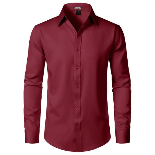 ZEROYAA Men's Fitted Modern Tailored Cut Dress Shirt - Plain Finish Long Sleeves Tops, Stretch Fabric, Wrinkle-Free, Button-Down for Formal Business, Wedding (US Sizes)