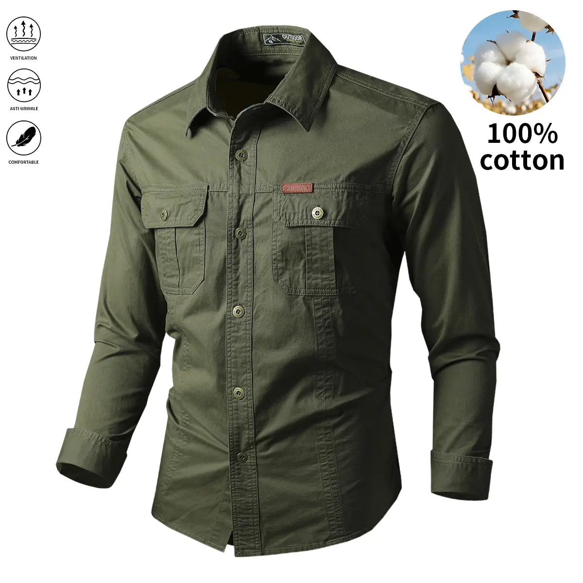 Set of three pure cotton long-sleeve work shirts for men: button-up work/utility tactical shirt for fishing and hunting; casual loose-fit long-sleeve button shirt with two pockets, suitable for outdoor hunting.