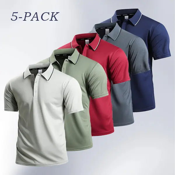 Men's 5-Pack Basic Fitted Solid Color Polo Shirts - Breathable Mesh Fabric, Contrasting Collar, Buttoned, Sporty Chic for Hot Weather Office & Athletic Activities