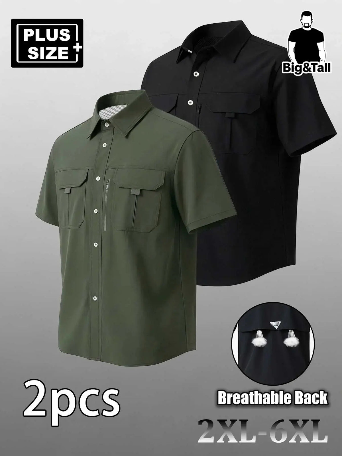 Plus Size Men's Casual Loose Summer Shirt, Short Sleeve Shirt with Multiple Pockets, Zip Details, Breathable Elastic Fabric, Casual Breathable Design, Ideal for Commute & Outdoor Activities, Top