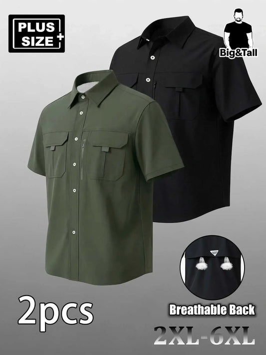 Plus Size Men's Casual Loose Summer Shirt, Short Sleeve Shirt with Multiple Pockets, Zip Details, Breathable Elastic Fabric, Casual Breathable Design, Ideal for Commute & Outdoor Activities, Top