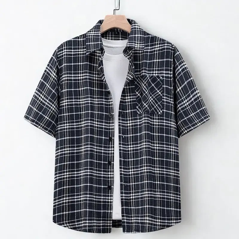 Men’s casual plaid short-sleeve shirt, 1 piece pack, button front, notched collar, chest pocket, versatile for spring/summer