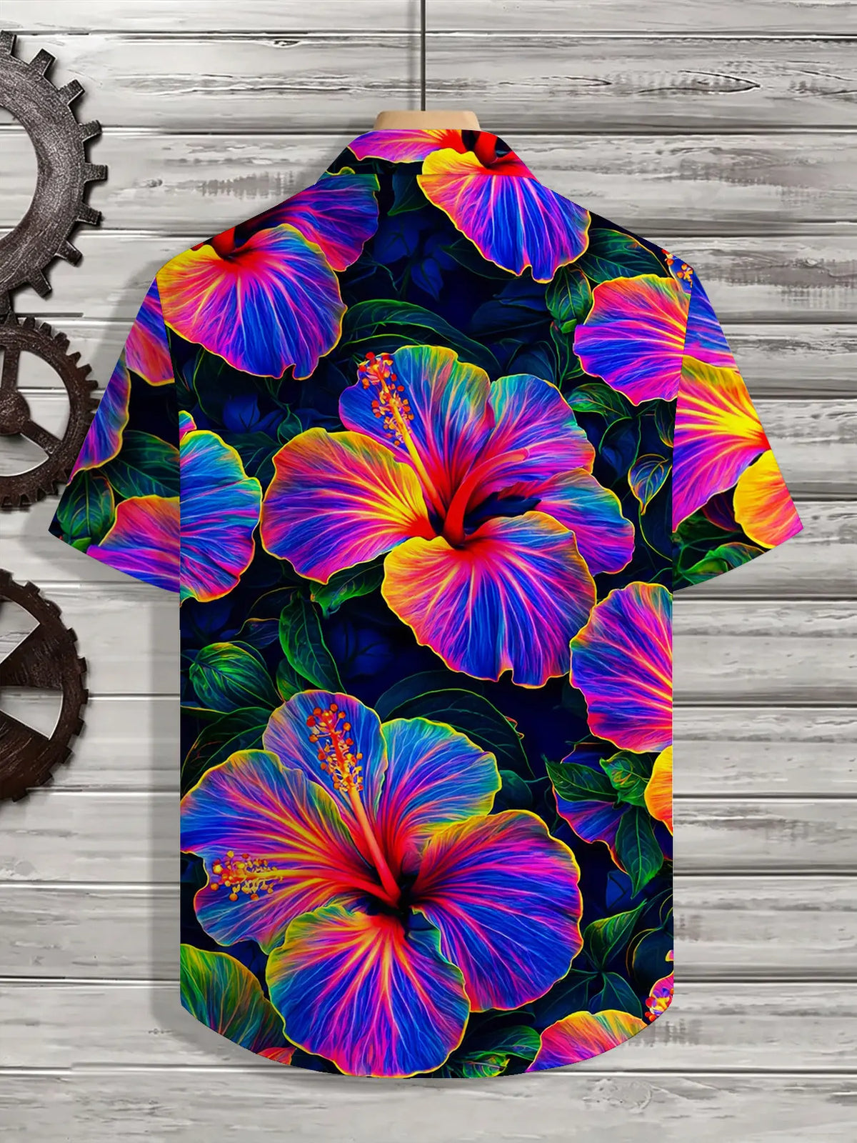 Men's Hawaiian Tropical Short Sleeve Button-Down Collared Shirt with Colorful Neon Hibiscus Print, Casual Tropical Shirt