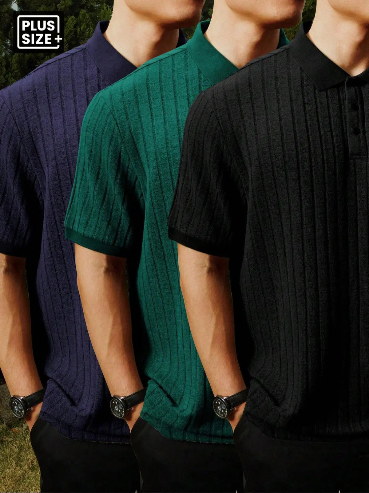 【Plus Size】Men's Plus Size Solid Rib-Knit Casual Polo Shirt, Plain Collar Shirt, Formal, Short Sleeve, Summer, Collared Polo Shirt, Plain Polo Shirts, Summer Polos