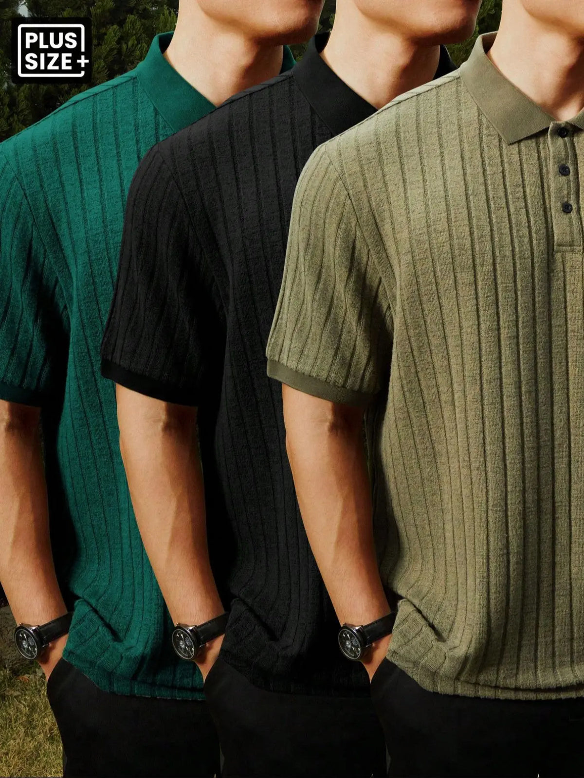 【Plus Size】Men's Plus Size Solid Rib-Knit Casual Polo Shirt, Plain Collar Shirt, Formal, Short Sleeve, Summer, Collared Polo Shirt, Plain Polo Shirts, Summer Polos