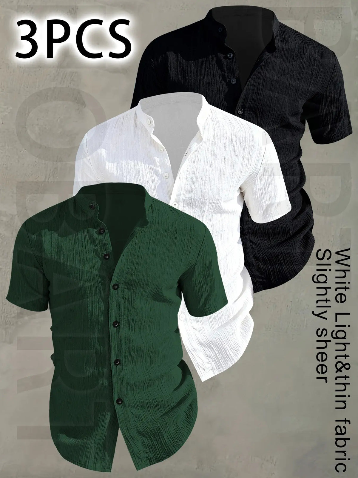 3pcs Set Men's Summer Short Sleeve - Lightweight Breathable Plain Color Button-Up Casual Shirt with Stand Collar, Low-cut collar designr Beach Vacation, Pool Party & Casual Attire, Beach Shirt, Collared Fitted Shirt, gift for husband