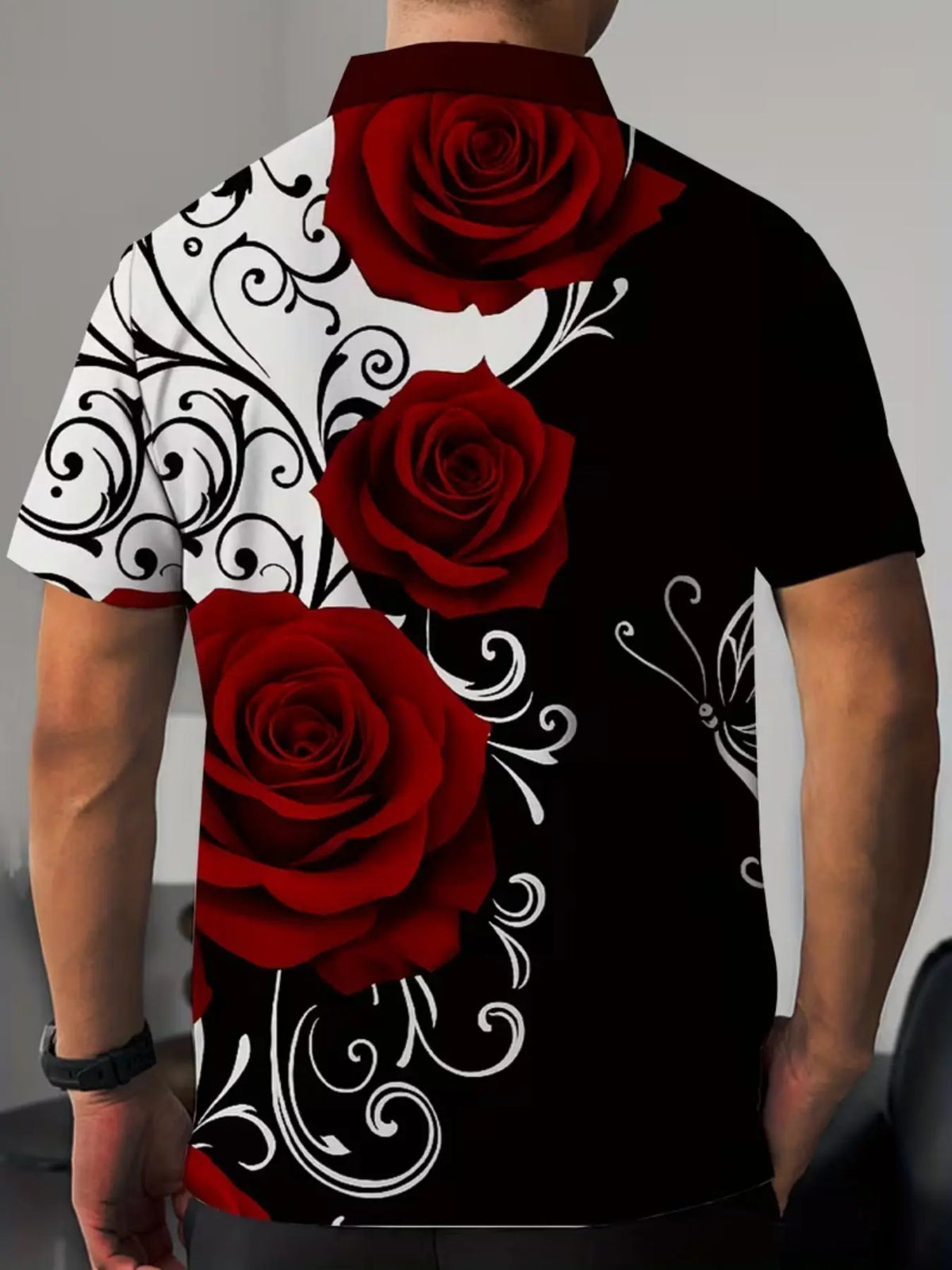 Men's Rose Print Floral Short Sleeve Buttoned Polo Shirt, Fitted Polo Shirts, Fashion Trendy Design, Casual Fitted Top, Graphic Pattern, Summer Wear, Summer Polos, Menswear