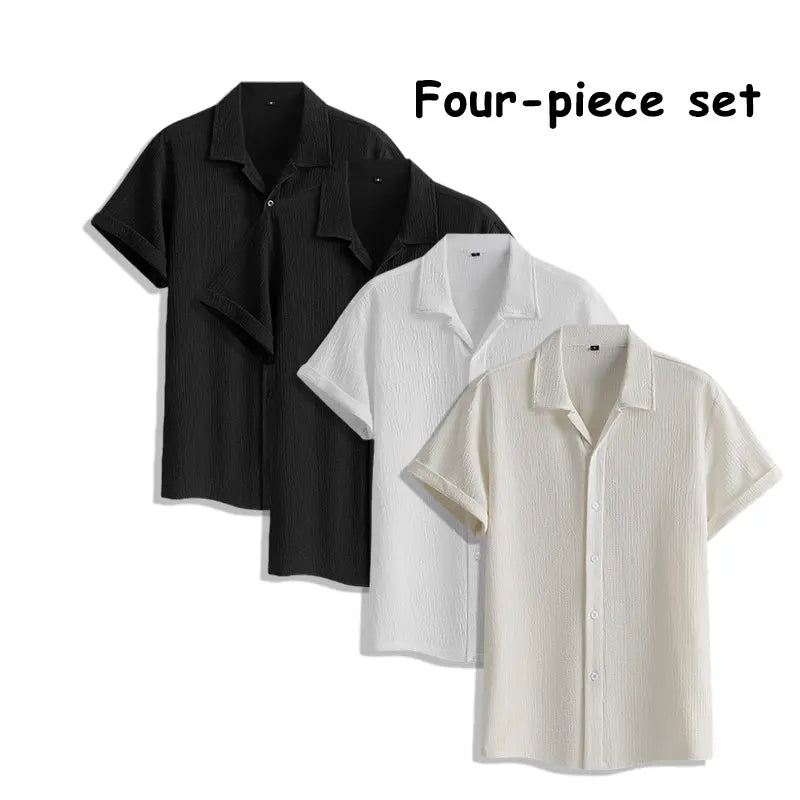 Men's 4-Pack Button Up Short Sleeve Collared Dress Shirts, Stylish Solid Color Men's Clothing Top, Comfortable Breathable Lightweight Turn-Down Collar Shirts for Commuting