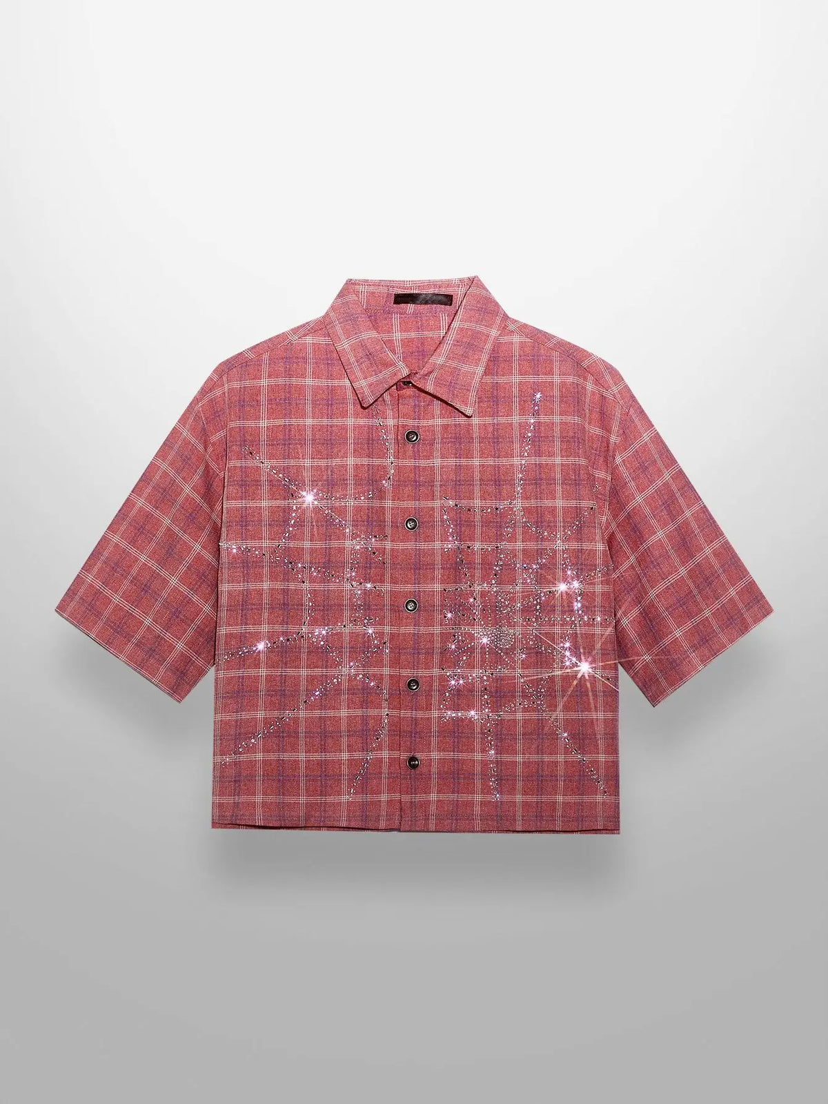【Order Size Up】Unisex Spring Summer Glitter Street Style Crystal Spider Web Plaid Short Sleeve Woven Shirt
