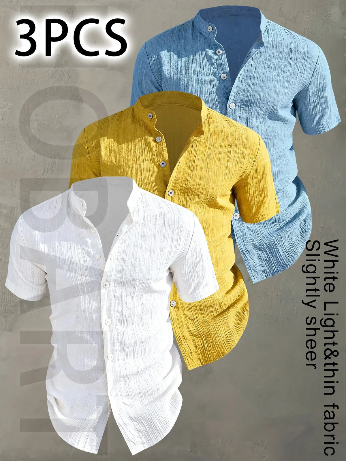 3pcs Set Men's Summer Short Sleeve - Lightweight Breathable Plain Color Button-Up Casual Shirt with Stand Collar, Low-cut collar designr Beach Vacation, Pool Party & Casual Attire, Beach Shirt, Collared Fitted Shirt, gift for husband