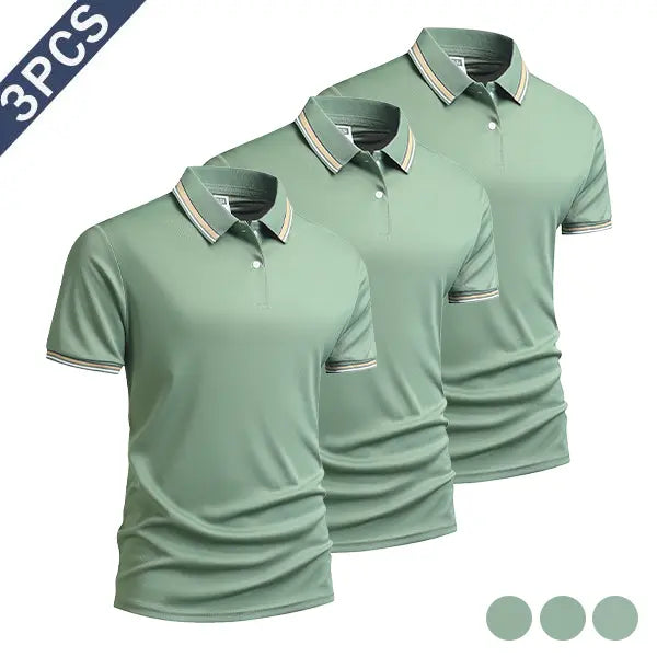 Men's 3-Piece Summer Polo Shirt Set, Polyester Fiber Fabric with Striped Sleeve Cuffs, Sporty Chic Smart Casual Top for Men's Clothing, Casual & Outdoor Use