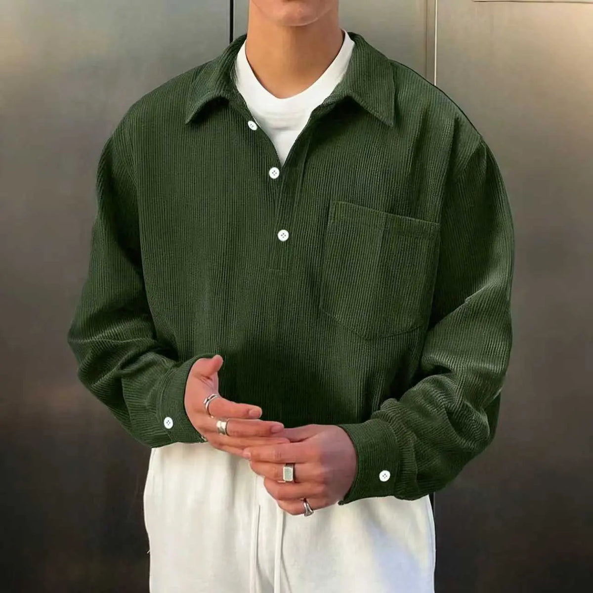 Men's corduroy long-sleeved polo shirt jacket for spring and autumn, casual and loose, easy to match, men's style for autumn and winter