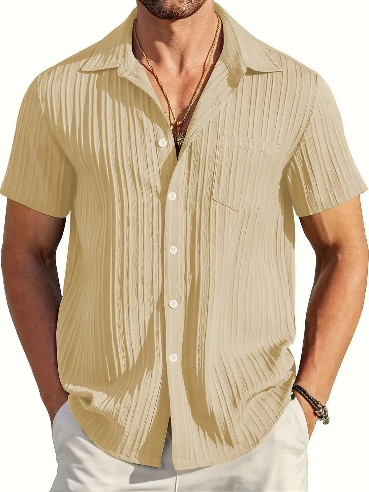 Men's Solid Textured Short Sleeve Shirt, Loose Casual Button Collared Comfy Top for Summer, Men's Clothes for Daily Wear, Menswear, Summer Shirts