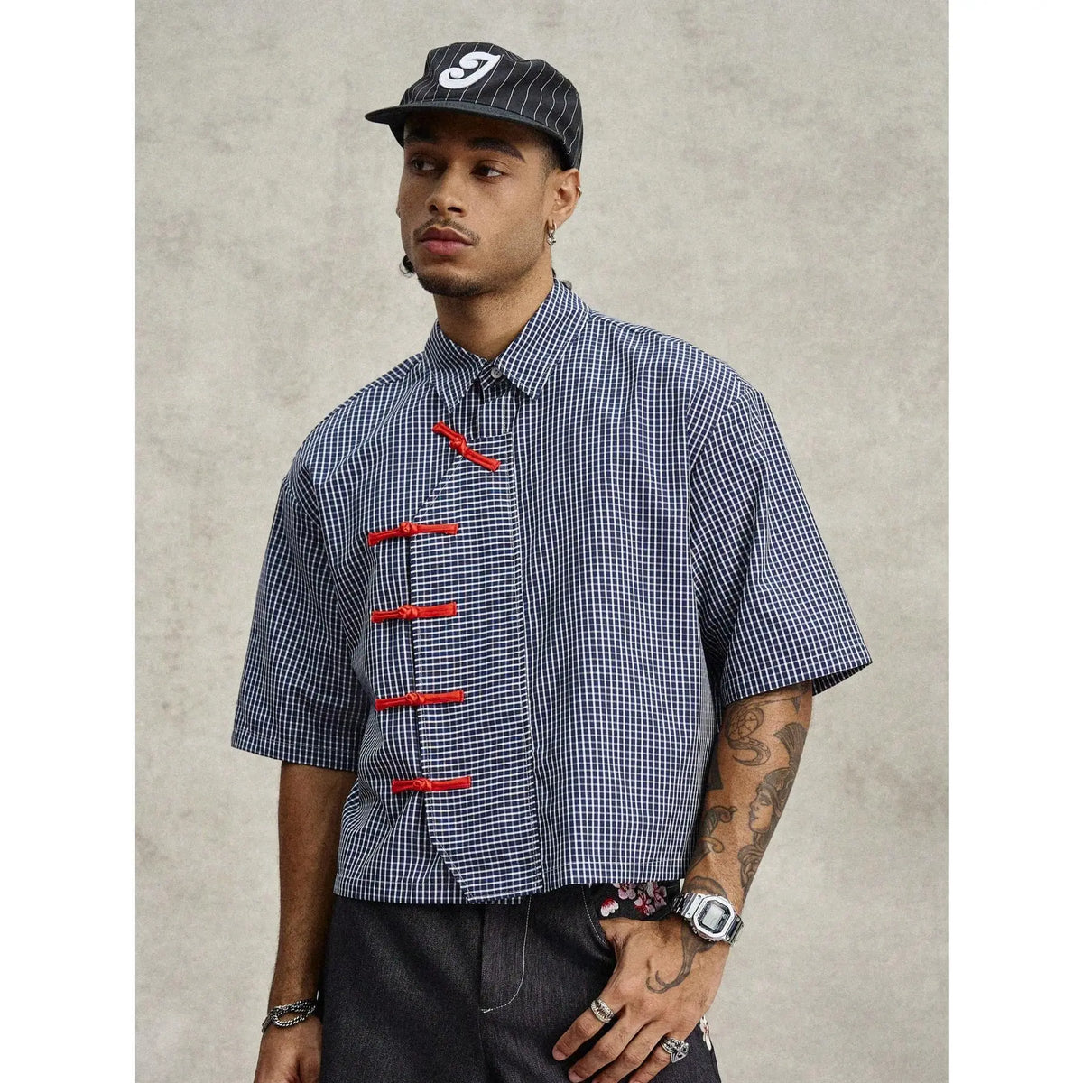 Men's Black And White Plaid Summer Streetwear City Break Short Sleeve Chinese-Style Button-Up Retro Oblique Collar Shirt