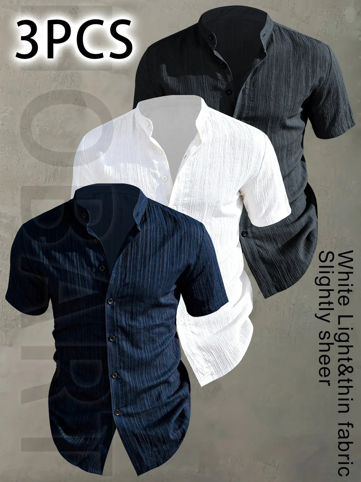 3pcs Set Men's Summer Short Sleeve - Lightweight Breathable Plain Color Button-Up Casual Shirt with Stand Collar, Low-cut collar designr Beach Vacation, Pool Party & Casual Attire, Beach Shirt, Collared Fitted Shirt, gift for husband