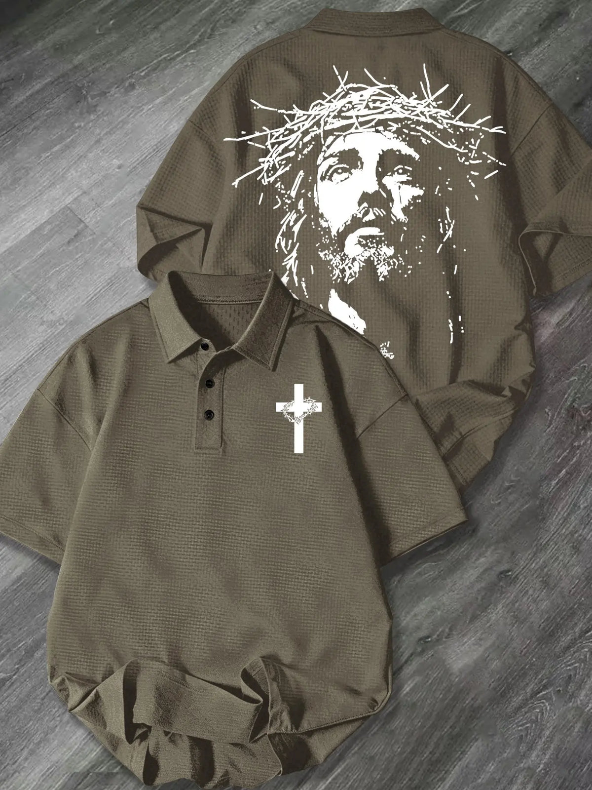 Mens Collared Waffle Knit Classic Streetwear Polo Shirt Thorn Crown Cross Portrait Graphic Chest & Back Print Faith Themed Casual Short Sleeve Top For Daily Church Urban Relaxed Leisure Outfit Printed Polo Shirts