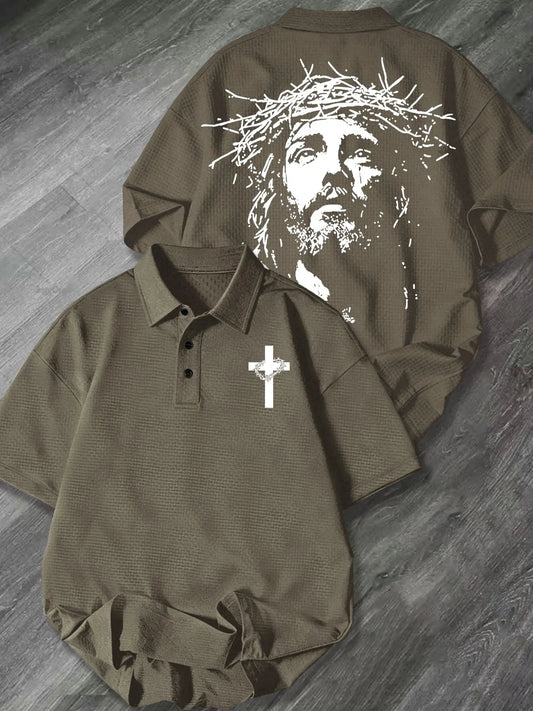 Mens Collared Waffle Knit Classic Streetwear Polo Shirt Thorn Crown Cross Portrait Graphic Chest & Back Print Faith Themed Casual Short Sleeve Top For Daily Church Urban Relaxed Leisure Outfit Printed Polo Shirts